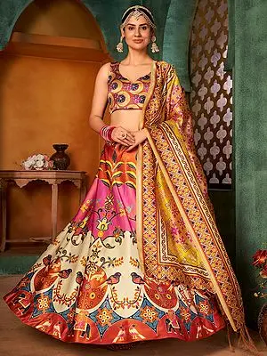 Pure Rera Silk Multicolor Lehenga Choli with Bird-Animal-Floral Digital Print and Assam Silk Dupatta