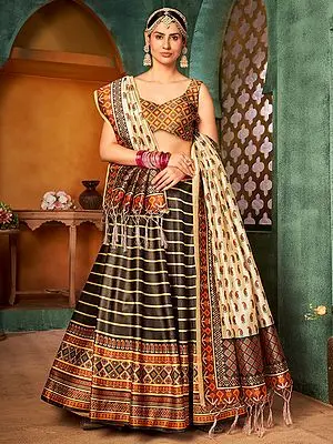 Multicolor Pure Rera Silk Stripe Digital Print Lehenga Choli With Assam Silk Dupatta