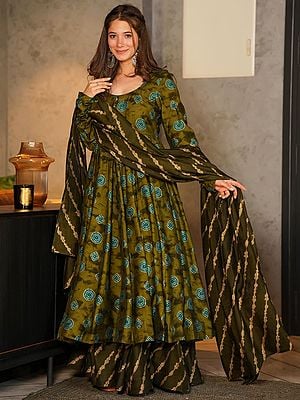 Deep-Green Pure Maslin Chakra-Diamond Motif Heavy Digital Print Anarkali Style Suit with Flared Bottom