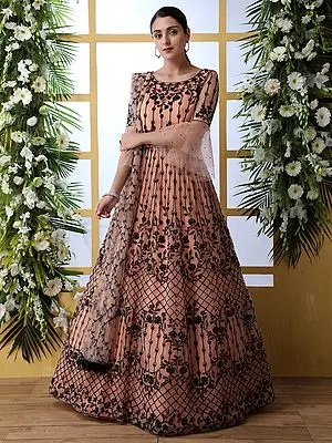 Peach Net Anarkali Style Gown with Thread-Sequins-Stone Embroidery and Santoon Dupatta
