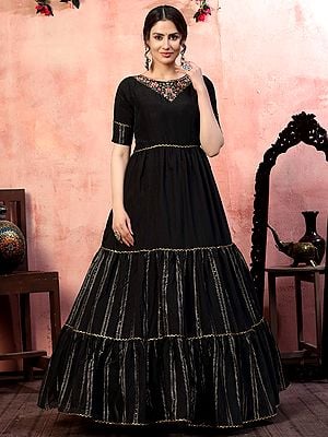 Georgette Black Color Silk Thread-Sequins Embroidered Anarkali Style Flared Gown
