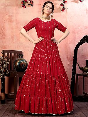 Red Georgette Fancy Golden Sequins Work Anarkali Style Gown