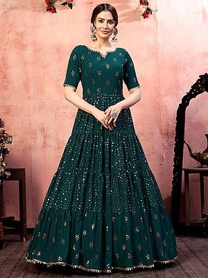 Georgette Green Fancy Golden Sequins Embroidered Anarkali Style Gown