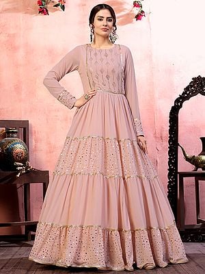 Dusty-Pink Georgette Sequins Embroidered Anarkali Style Gown