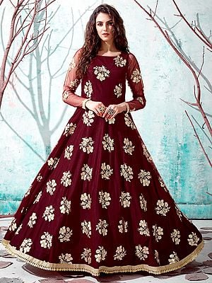 Maroon Net Anarkali Style Gown with Floral Motif Metallic Foil Work