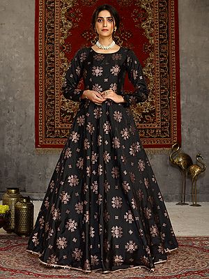 Black Taffeta Anarkali Style Designer Gown With Metalic Foil Work