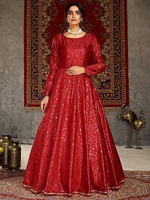 Taffeta Red Color Anarkali Style Gown with Rose Floral Motif Metalic Foil Work