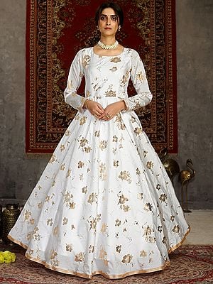 White Taffeta Floral Butta Metallic Foil Work Anarkali Style Designer Gown