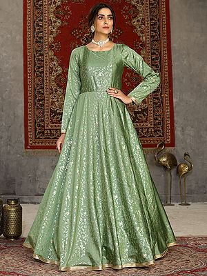Pista-Green Taffeta Phool Bail Metalic Foil Work Anarkali Style Gown