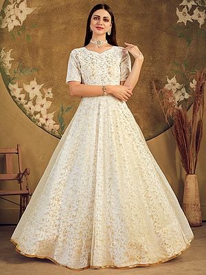 White Metalic Foil Work Floral Jaal Pattern Net Anarkali Style Gown