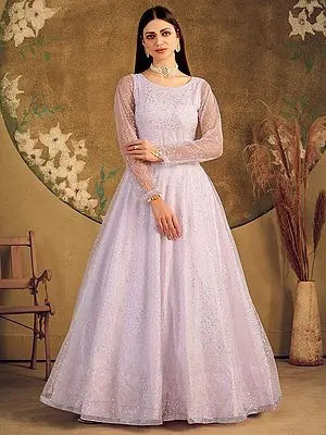 Violet Net Paisley Pattern Anarkali Style Gown with Metallic Foil Work