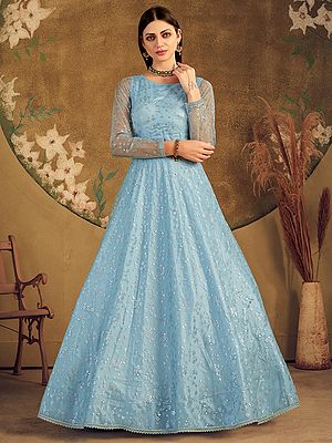 Sky-Blue Net All-Over Metallic Foil Work Floral Anarkali Gown