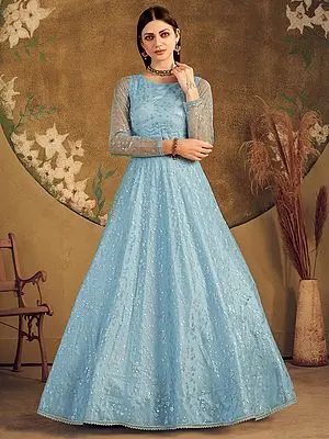 Sky-Blue Net All-Over Metallic Foil Work Floral Anarkali Gown