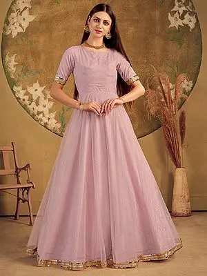 Dusty-Pink Net Metalic Foil Work Floral Anarkali Gown