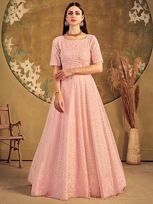 Net Peach Floral Anarkali Style Gown With All-Over Metalic Foil Work