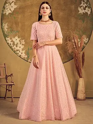Net Peach Floral Anarkali Style Gown with All-Over Metallic Foil Work