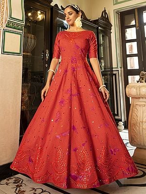 Cotton Anarkali Style Gown and Shibori Print with Sequins Embroidery