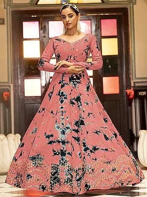 Cotton Anarkali Style Shibori Print Gown With Butti Motif Sequins Embroidery