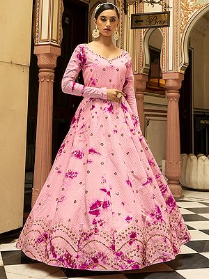 Cotton Anarkali Style Shibori Print Gown with Butti Motif Sequins Embroidery