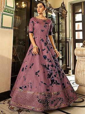 Cotton Shibori Printed Anarkali Style Gown With Sequins Embroidery