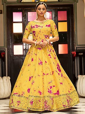 Cotton Shibori Printed Anarkali Style Gown with Sequins Embroidery