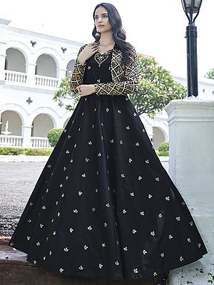 Cotton Butti Motif Anarkali Style Gown With Koti And Thread-Sequins Embroidery