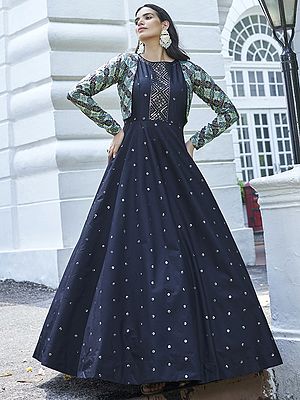 Cotton Butti Motif Anarkali Style Gown With Koti And Thread-Sequins Embroidery