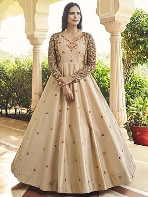 Cotton Anarkali Style Designer Gown with Koti and Butti Motif Thread-Sequins Embroidery