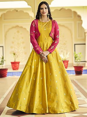 Cotton Anarkali Style Designer Gown with Koti and Butti Motif Thread-Sequins Embroidery