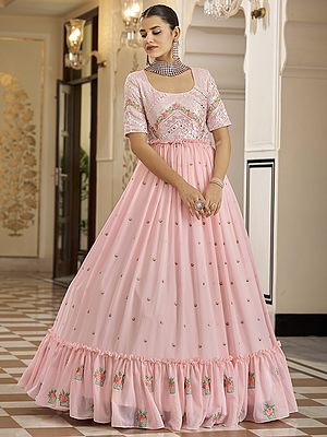 Georgette Floral Butti Anarkali Style Flared Gown with Thread-Sequins Embroidery