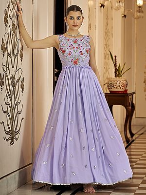 Lavender Georgette Thread-Sequins Embroidered Anarkali Style Gown