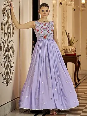Lavender Georgette Thread-Sequins Embroidered Anarkali Style Gown