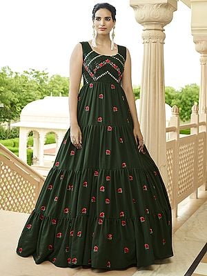 Olive-Green Georgette Rose Floral Butta Thread-Sequins Embroidered Anarkali Style Gown
