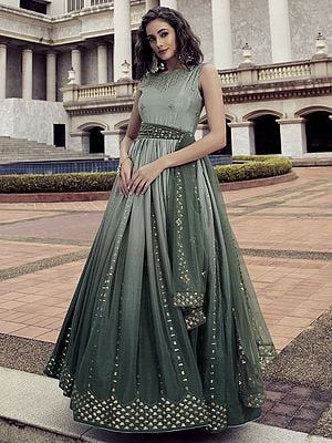 Pista-Green Chinon Thread-Sequins Embroidered Anarkali Style Ombre Gown with Net Dupatta