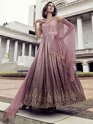 Dusty-Pink Chinon Anarkali Style Ombre Gown with Net Dupatta and Thread-Sequins Embroidery