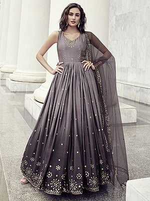 Dusty-Purple Chinon Butti Thread-Sequins Embroidered Anarkali Style Ombre Gown with Net Dupatta