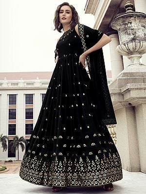 Georgette Thread-Sequins Embroidered Anarkali Style Gown with Matching Dupatta