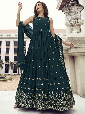 Georgette Thread-Sequins Embroidered Anarkali Style Gown with Matching Dupatta