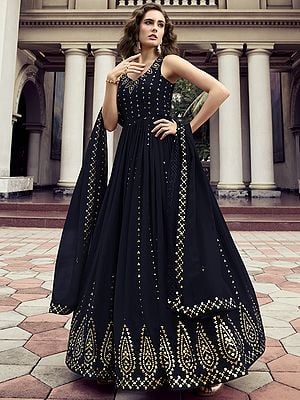 Georgette Laddi Pattern Anarkali Style Gown with Matching Dupatta and Thread-Sequins Embroidery