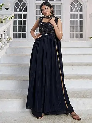 Blue Georgette Palazzo Suit Set With Sequins-Thread Embroidery And Matching Designer Dupatta