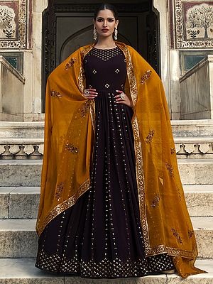 Georgette Thread-Sequins Embroidered Stripe Pattern Anarkali Gown with Shimmer Yellow Dupatta