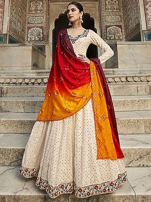 Georgette Diamond Pattern Anarkali Long Gown with Sequins-Thread Embroidery and Multicolour Chinon Dupatta
