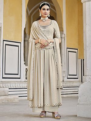 Georgette Stripe Pattern Anarkali Salwar Suit with Mirror, Sequins, Thread Embroidery