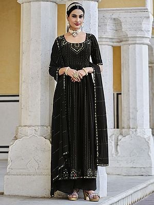 Georgette Mirror, Sequins, Thread Embroidered Stripe Pattern Anarkali Salwar Suit