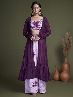 Purple Silk Embroidered Crop-Top Palazzo Suit and Georgette Jacket