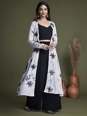 Silk Black Color Plain Palazzo Crop-Top Suit and White Embroidered Jacket