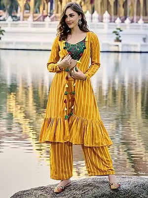 Green Chinon Embroidered Co-Ords Set with Georgette Stripes Pattern Palazzo and Koti