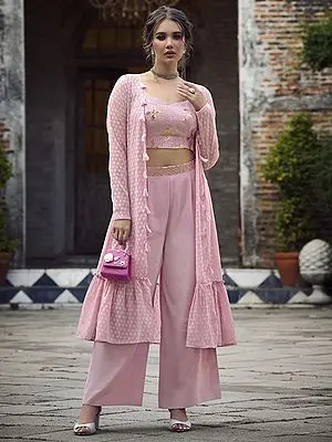 Dusty-Pink Georgette Embroidered Co-Ords Palazzo Set with Flared Koti