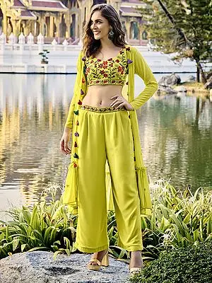 Georgette Green Color Floral Embroidered Co-Ords Palazzo Set with Flared Koti