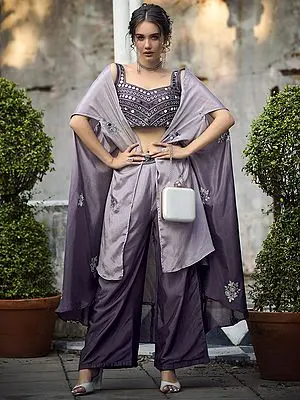 Purple Chinon Embroidered Co-Ords Palazzo Set with Floral Motif Designer Koti